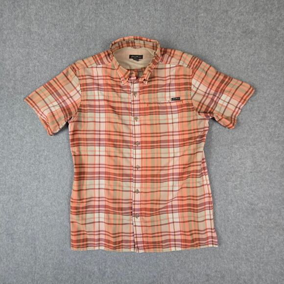 Eddie Bauer Shirt Mens Size Medium Short Sleeve Button Down Peach color Plaid - Picture 3 of 16